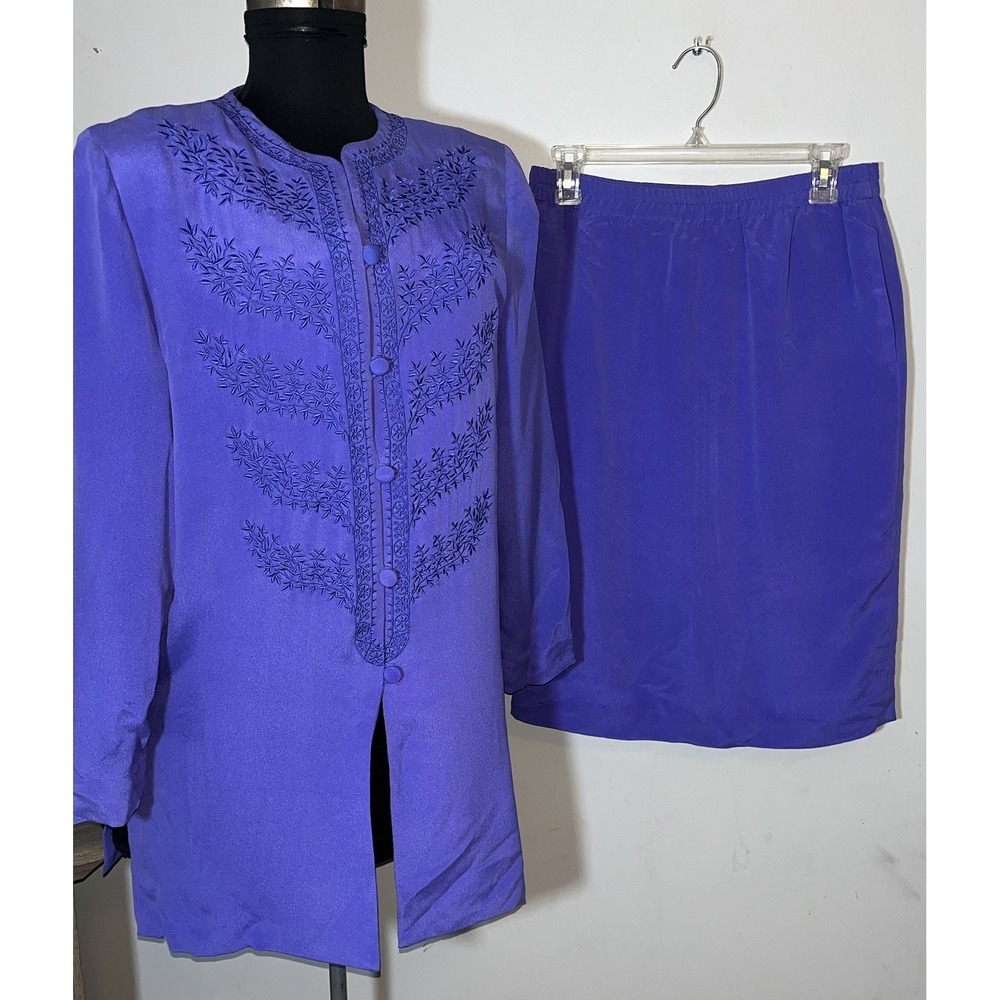 Adrianna Papell Silk 2 Piece Skirt Set Purple Top/Jacket Long Sleeve Sz 6